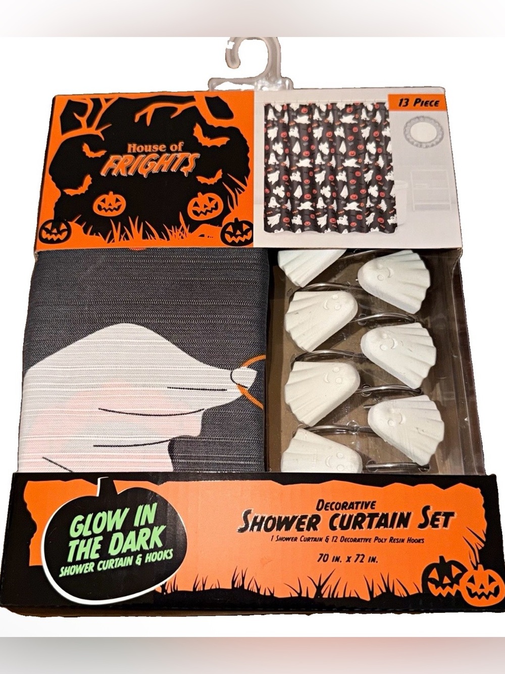 Glow-in-the-Dark Halloween Shower Curtain Set - Black & White with 12 Ghost Hook